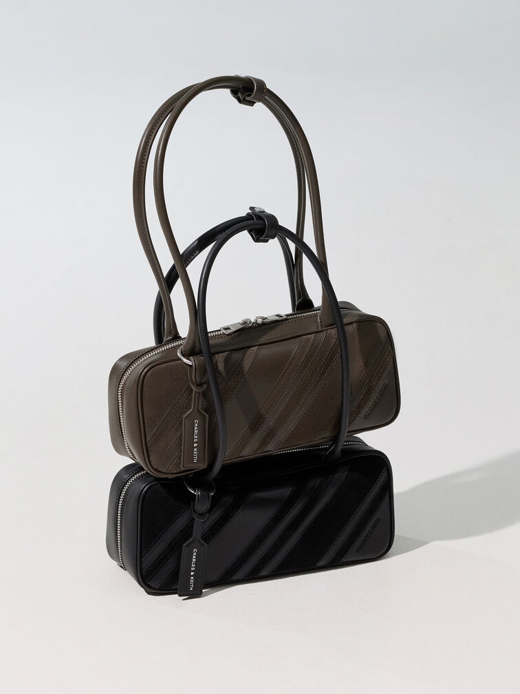 Zeya Recycled Suede Striped Shoulder Bag, Dark Moss, hi-res