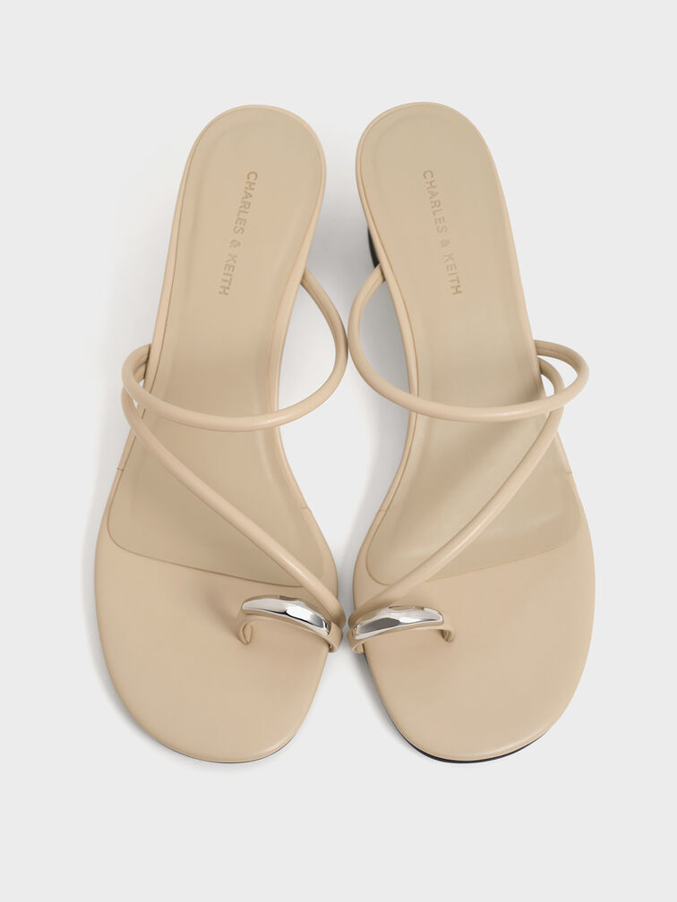 Sandal Heeled Strappy Toe-Ring Metallic-Accent, Taupe, hi-res