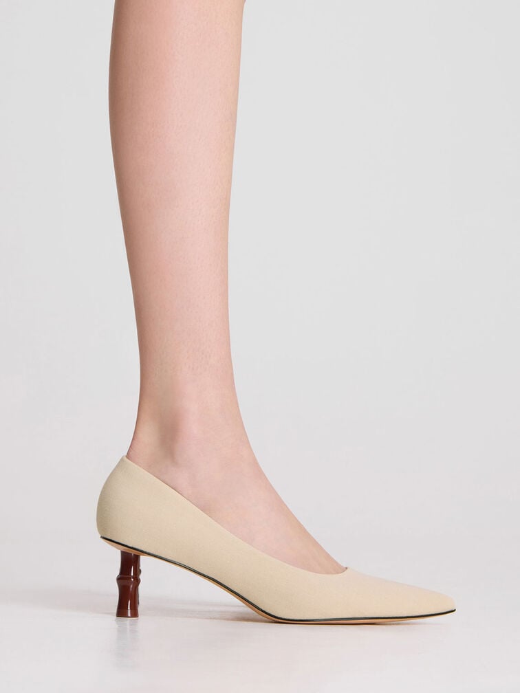 Sepatu Pumps Bamboo Heel Pointed-Toe, Beige, hi-res