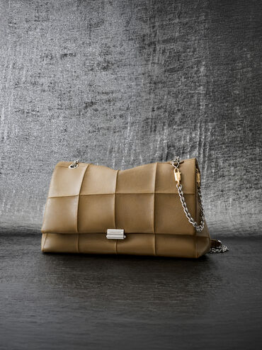Large Delfina Quilted Chain-Strap Shoulder Bag, Walnut Brown, hi-res