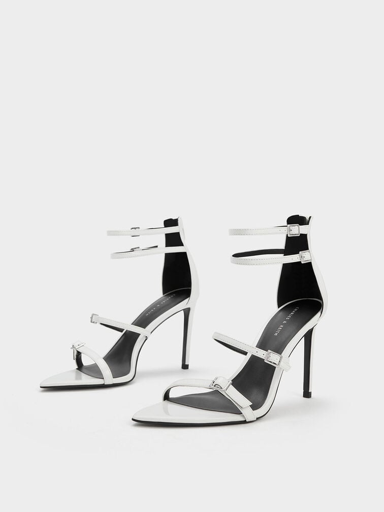 Sandal Strappy Heeled Patent, White, hi-res