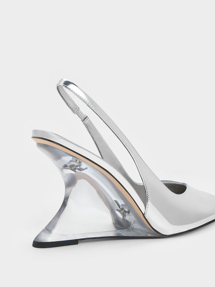 Sepatu Wedges Metallic Sculptural Slingback, Silver, hi-res