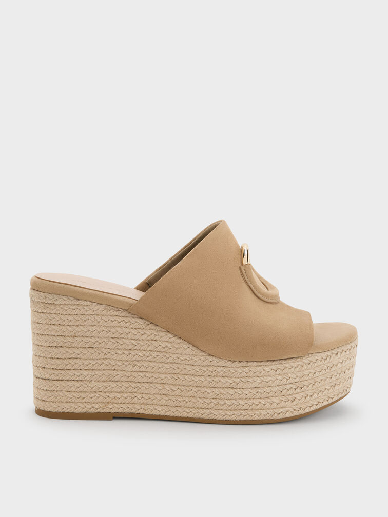 Sepatu Wedges Espadrille Metallic-Accent Faux Suede, Sand, hi-res