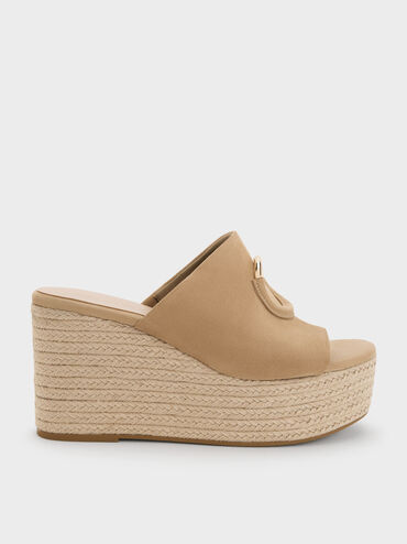 Sepatu Wedges Espadrille Metallic-Accent Faux Suede, Sand, hi-res