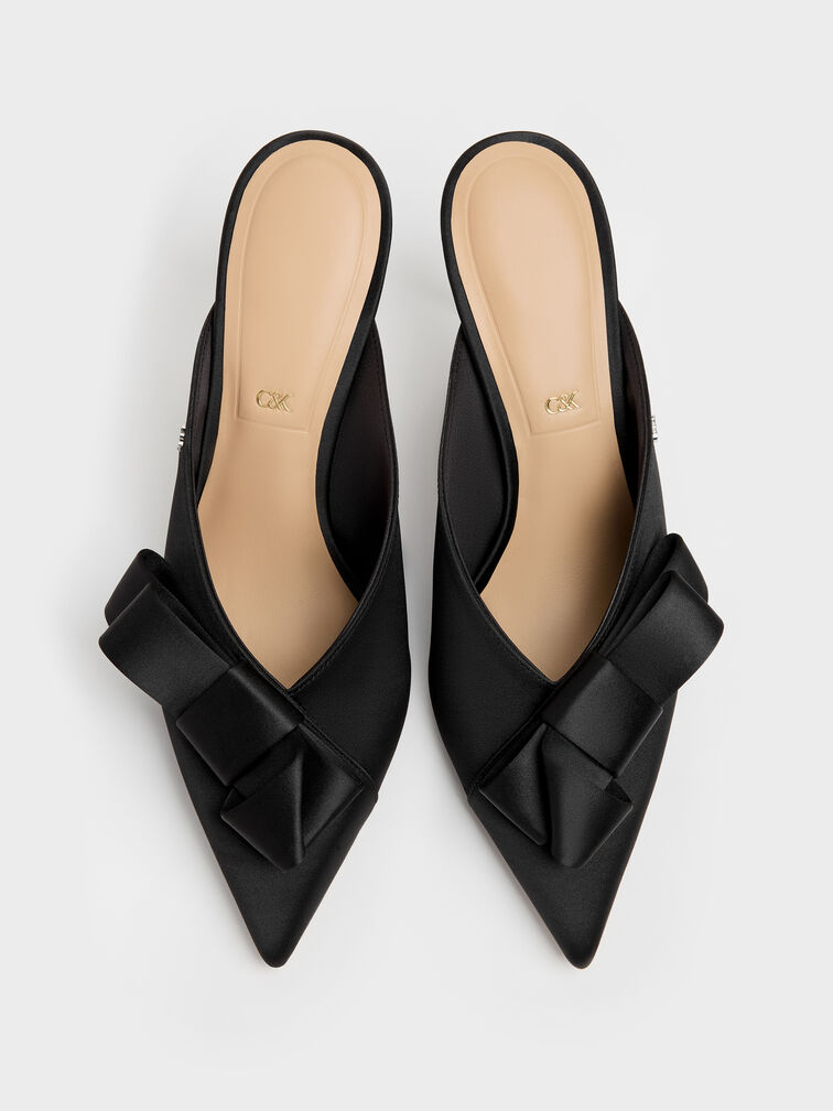 Pleated-Bow Pointed Heeled Mules, Black Textured, hi-res