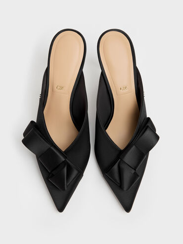 Pleated-Bow Pointed Heeled Mules, Black Textured, hi-res