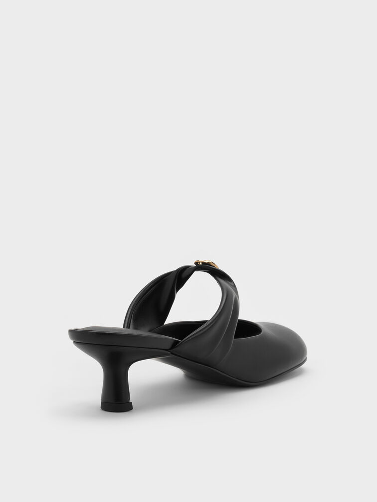 Sepatu Mules Heeled Twisted-Strap Metallic-Accent, Black, hi-res