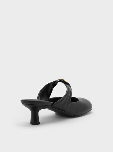 Sepatu Mules Heeled Twisted-Strap Metallic-Accent, Black, hi-res