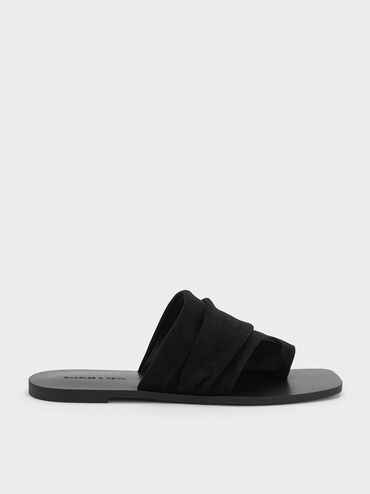 Sandal Toe-Ring Ruched Faux Suede, Black Textured, hi-res