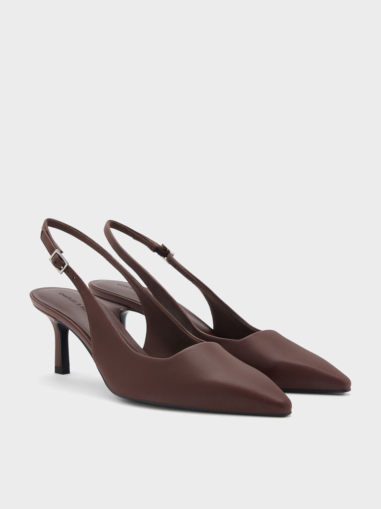 Sepatu Slingback Pumps Kitten-Heel Pointed-Toe, Dark Brown, hi-res