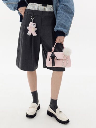 Pearl Beaded-Strap Furry Ball Charm, Cream, hi-res