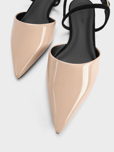 Sepatu Flats Pointed-Toe Slingback Luciana Faux Suede Patent, Nude, hi-res