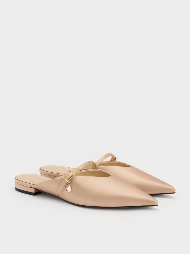 Sepatu Mules Teardrop-Crystal Flat Satin, Gold, hi-res