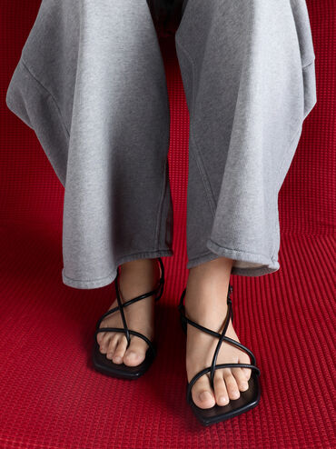 Strappy Crossover Slingback Sandals, Black, hi-res