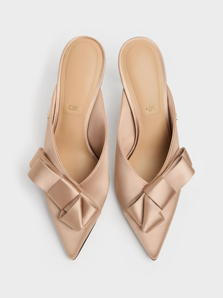 Sepatu Mules Heeled Pointed Pleated-Bow, Nude, hi-res