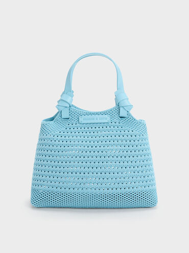 Ida Knotted Handle Knitted Tote Bag, Light Blue, hi-res