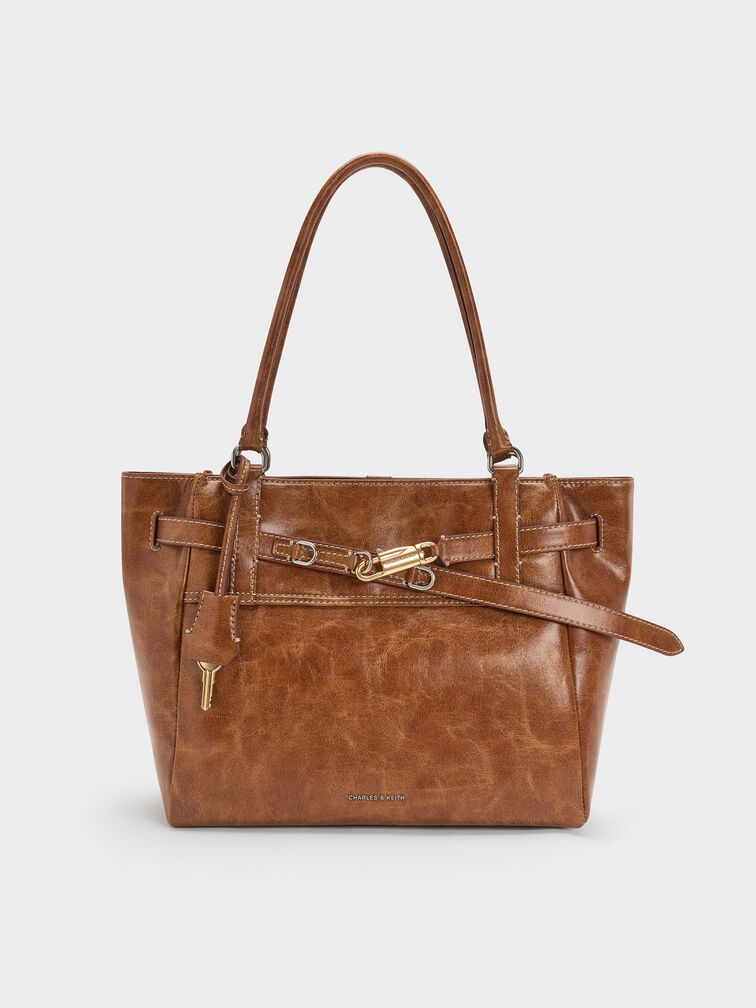Delfina Belted Tote Bag, Distressed Tan, hi-res