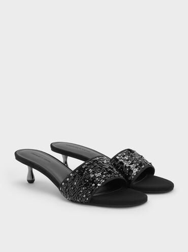 Sepatu Mules Heeled Ruthie Sequinned, Black Textured, hi-res