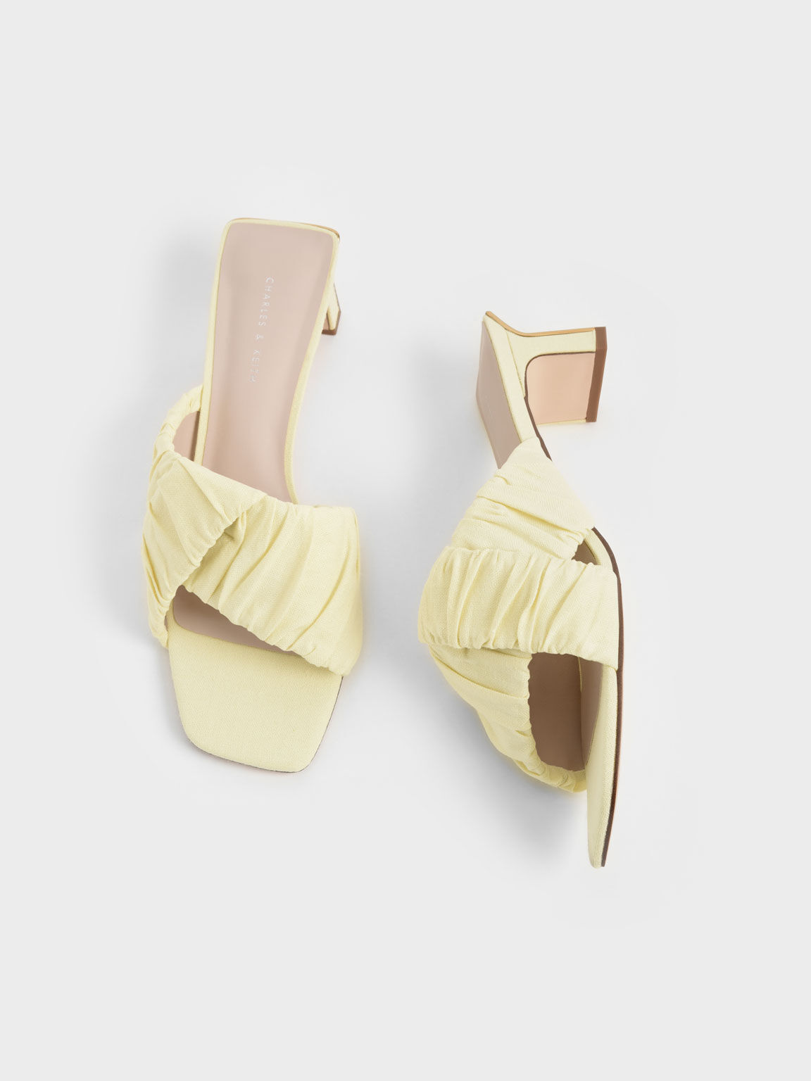 Sandal Mules Linen Asymmetric Ruched, Yellow, hi-res