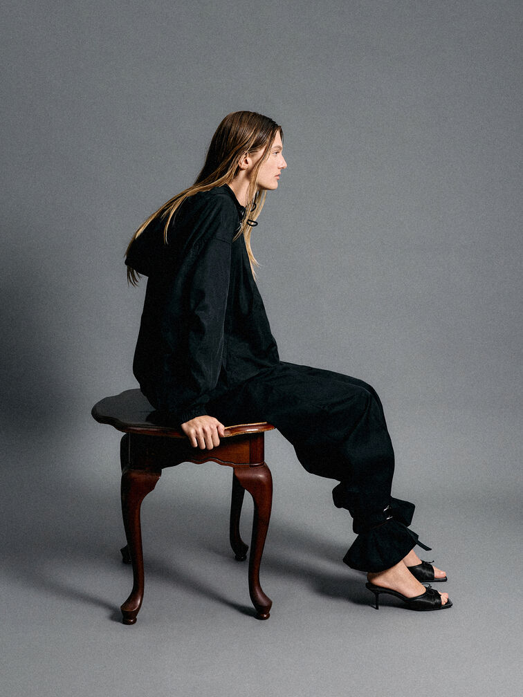 Sadira Satin Heeled Mules, Black Textured, hi-res