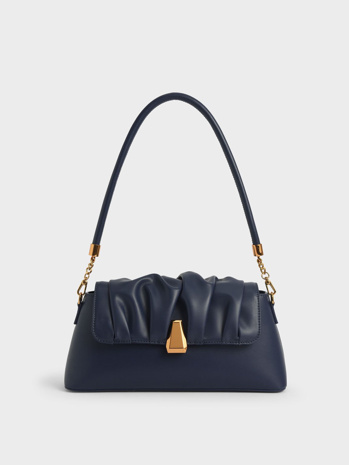 Beaded Strap Ruched Trapeze Bag, Navy, hi-res