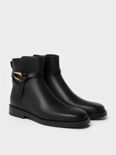 Sepatu Ankle Boots Daena Leather Metallic-Accent, Black, hi-res