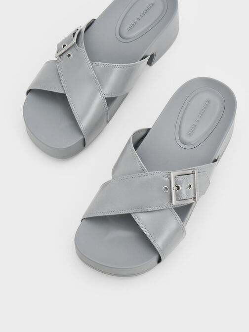Buckled Crossover Platform Sandals, Grey, hi-res