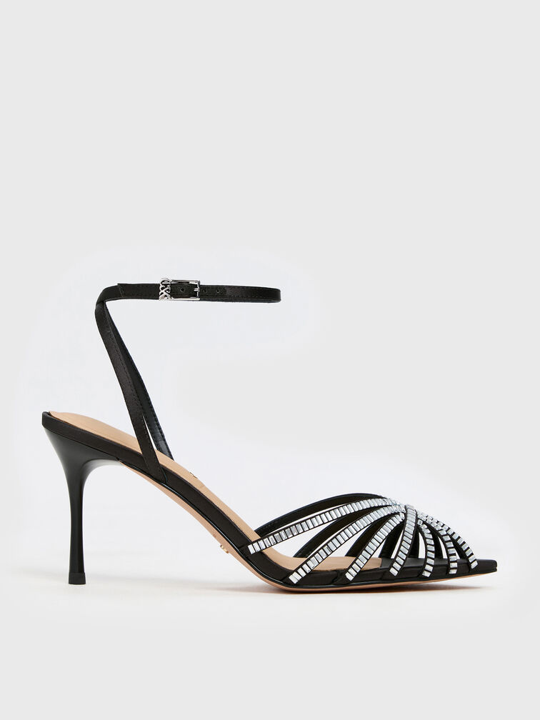 Sandal Stiletto Peep-toe Gem Jaylene, Black Textured, hi-res