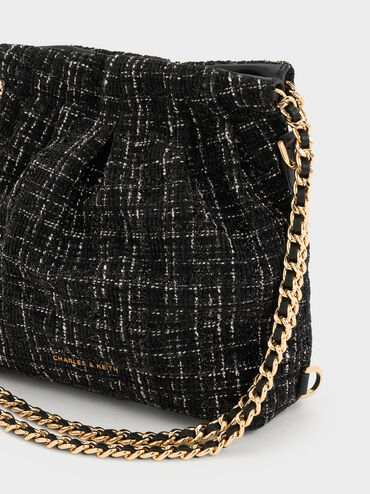 Tas Ransel Two-Way Chain-Handle Tweed Duo, Black Tweed, hi-res