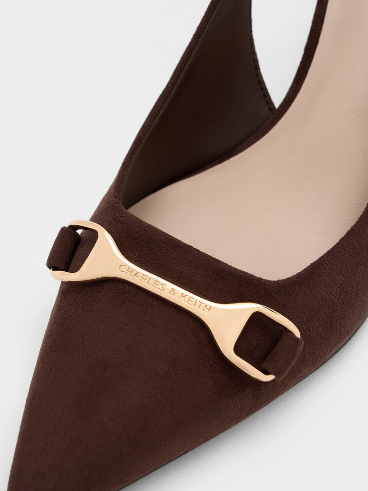 Sepatu Slingback Pumps Metallic-Accent Leslie Suede, Dark Brown Textured, hi-res