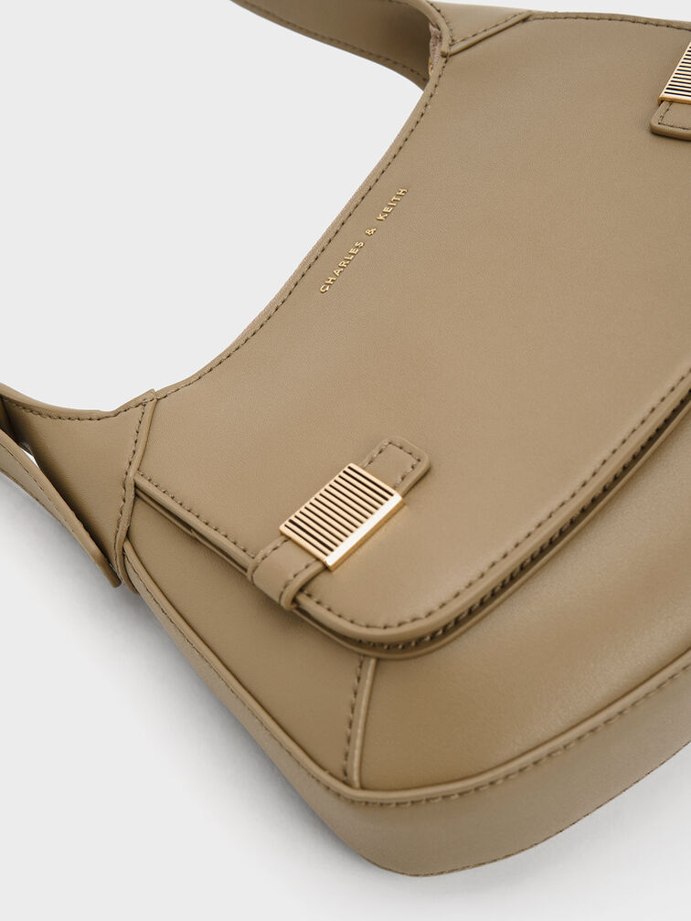 Metallic-Accent Curved Shoulder Bag, Taupe, hi-res