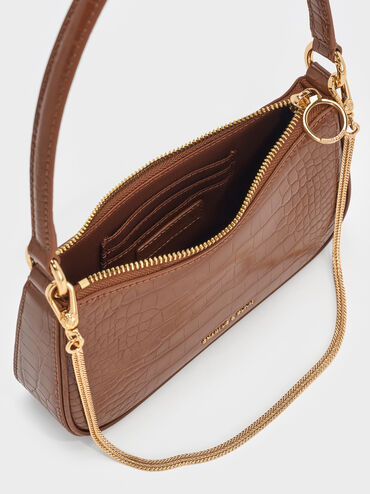 Tas Bahu Chain-Link Croc-Effect Eispeth, Chocolate Croco, hi-res