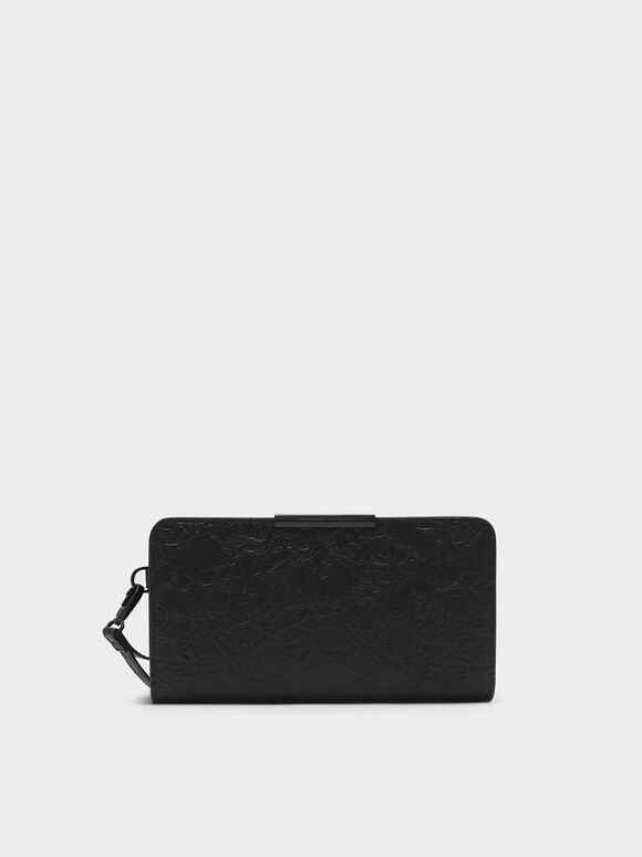 Dompet Panjang Mini Efek Keriput, Black, hi-res