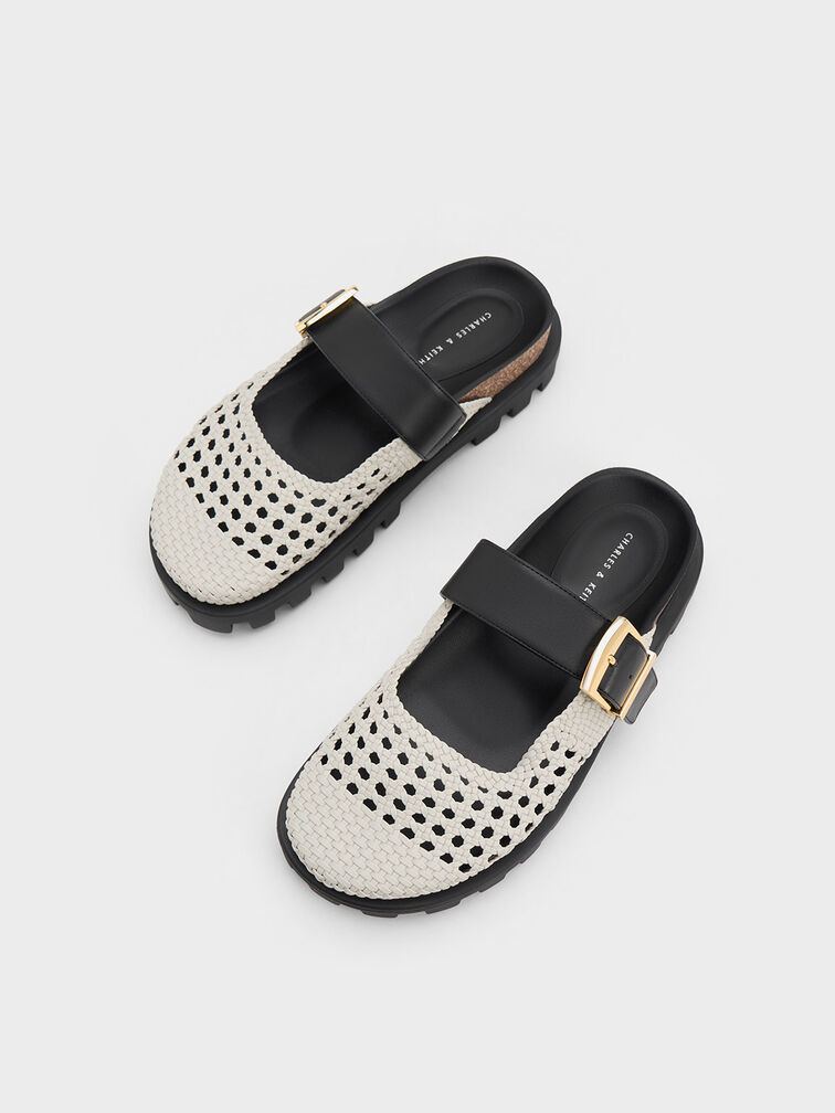 Woven Buckled Flat Mules, White, hi-res