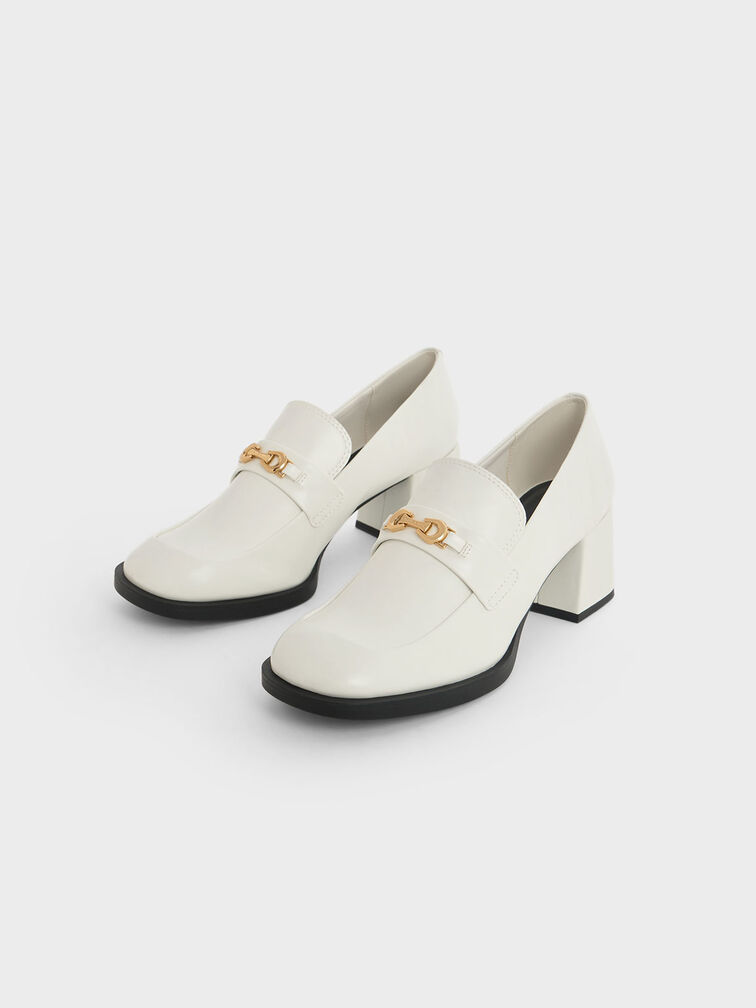 Sepatu Loafer Pumps Metallic Accent Block Heel, White, hi-res