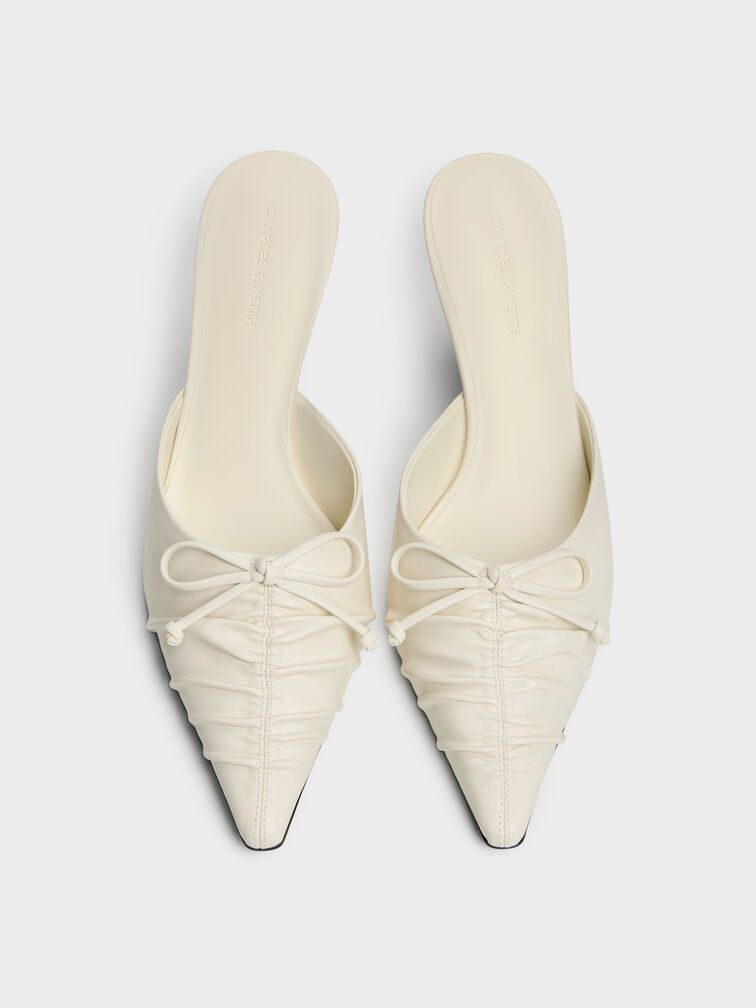 Ruched Bow Pointed Heeled Mules, Chalk, hi-res