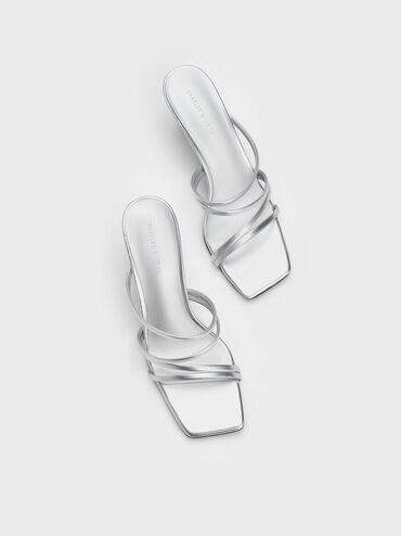 Sandal Heel Metallic Embellished Cone, Silver, hi-res
