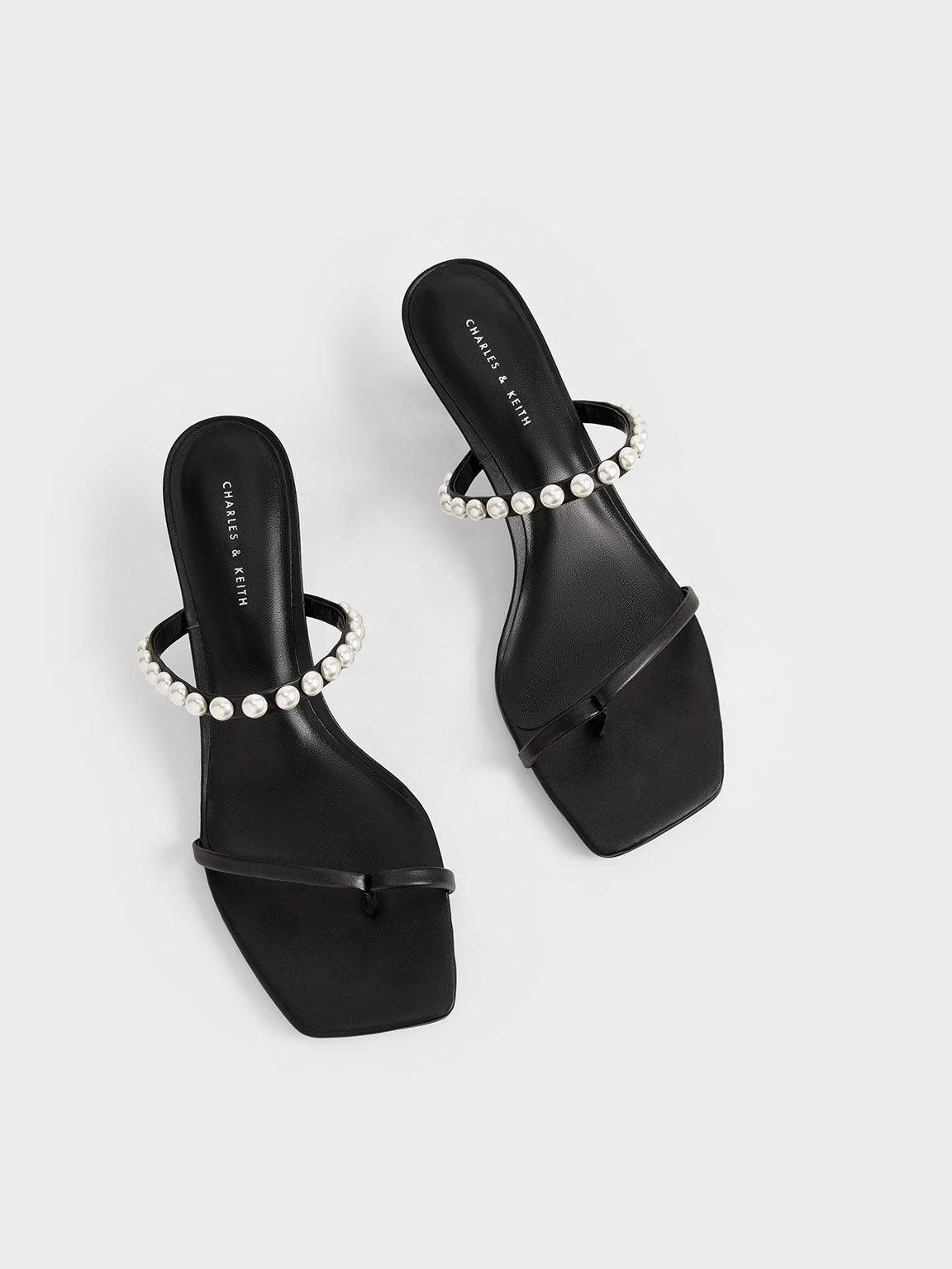 Pearl-Embellished Heeled Thong Sandals, Black, hi-res