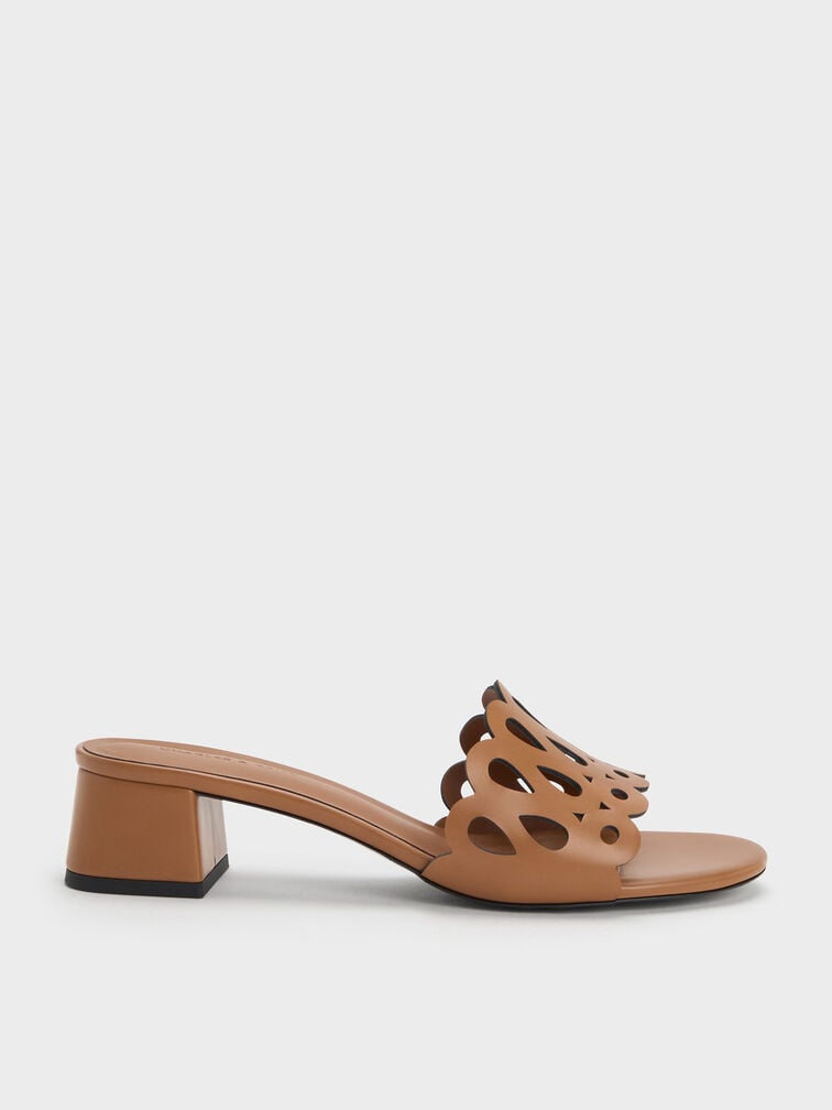Sepatu Mules Block-Heel Cut-Out, Cognac, hi-res