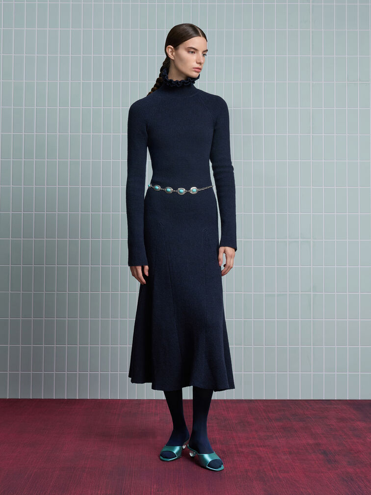 Sepatu Mules Crystal-Heel Satin, Teal, hi-res