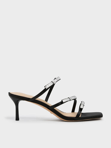 Sandal Heeled Gem-Bow Jessy, Black Textured, hi-res
