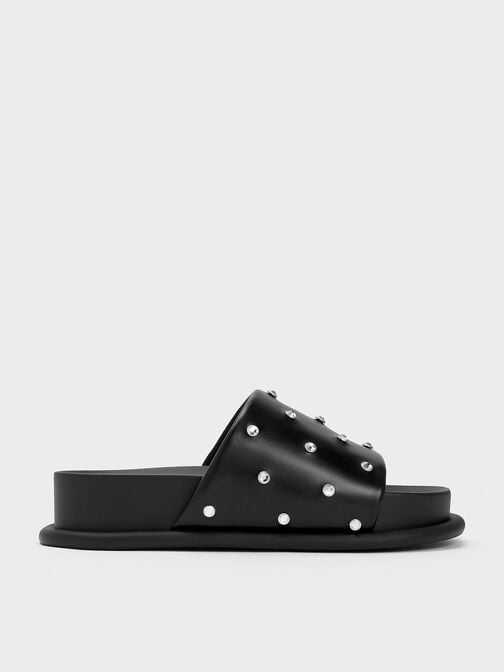 Gem-Embellished Padded Strap Slide Sandals, Black, hi-res