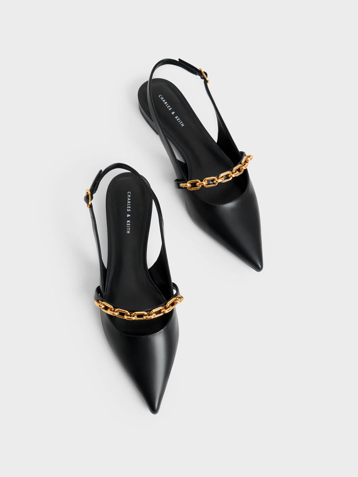 Sepatu Flats Chain-Link Strap Slingback, Black, hi-res