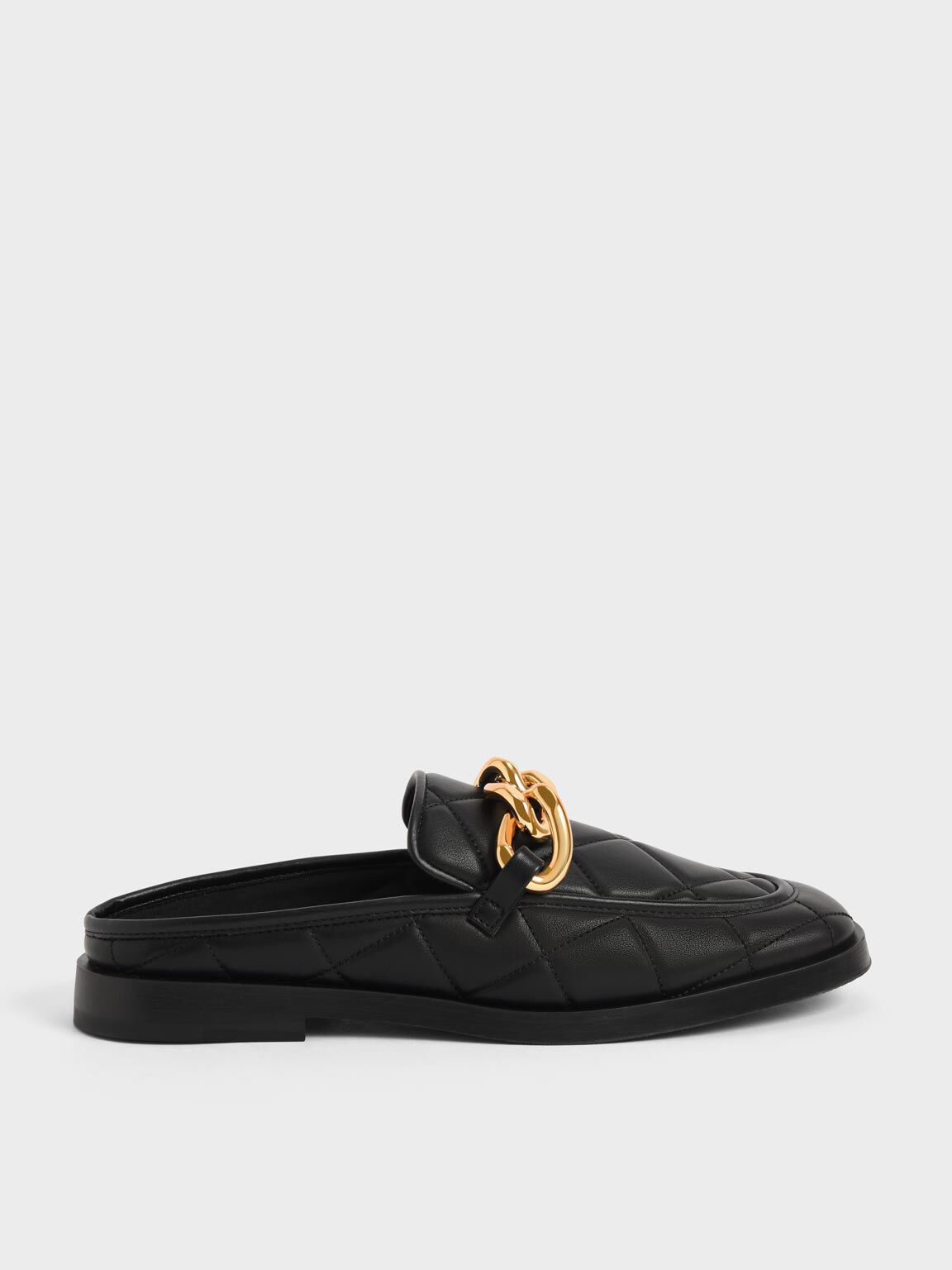 Quilted Chain Loafer Mules, Black, hi-res