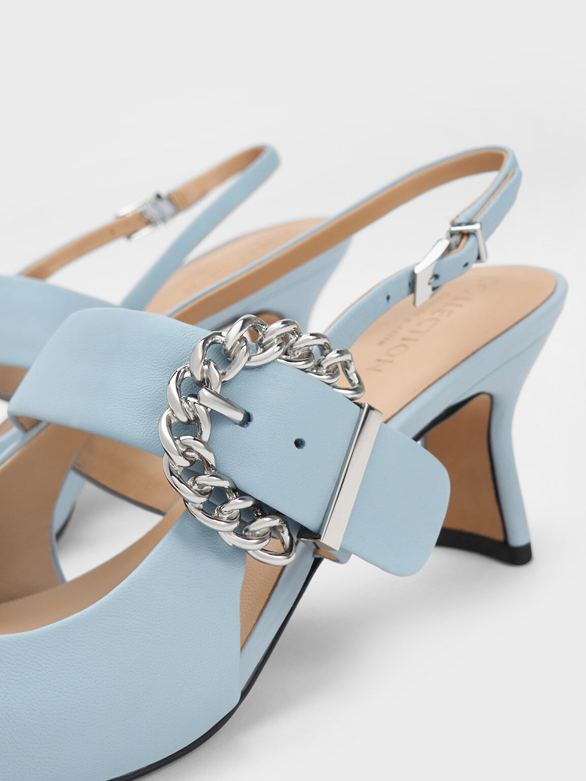 Chain-Buckled Leather Slingback Pumps, Blue, hi-res