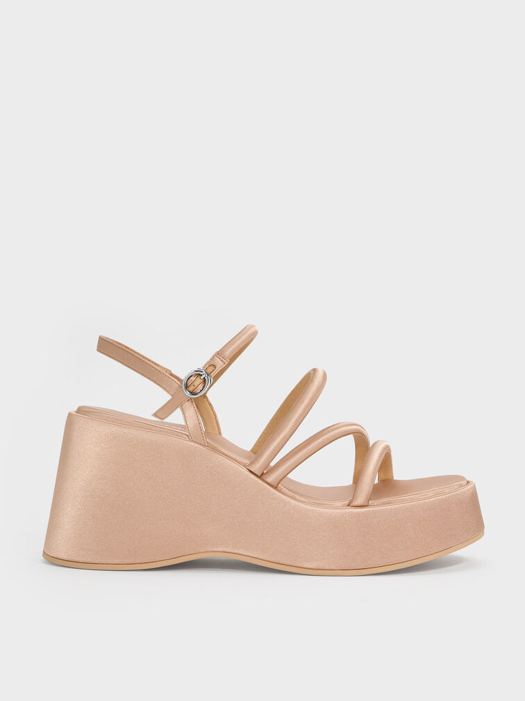 Sepatu Wedges Platform Strappy Lindon Satin, Nude, hi-res