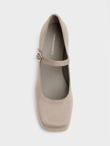 Sepatu Pumps Mary Jane Platform Suede Faux, Taupe, hi-res