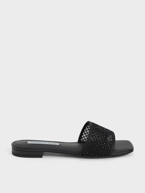 Sandal Slide Mesh Gem-Encrusted, Black, hi-res