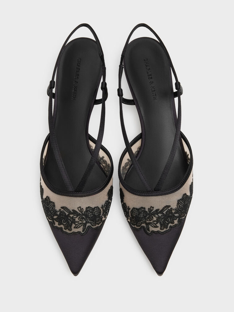 Sepatu Kitten Heels Slingback Embroidered-Satin, Black Textured, hi-res