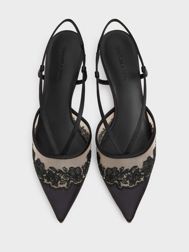 Sepatu Kitten Heels Slingback Embroidered-Satin, Black Textured, hi-res